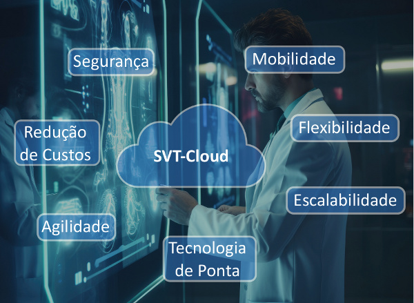 Técnico de laboratório visualizando uma tela com as principais vantagens da utilização do sistema SVT-Cloud: mobilidade, flexibilidade, escalabilidade, tecnologia de ponta, agilidade, redução de custos, segurança.
